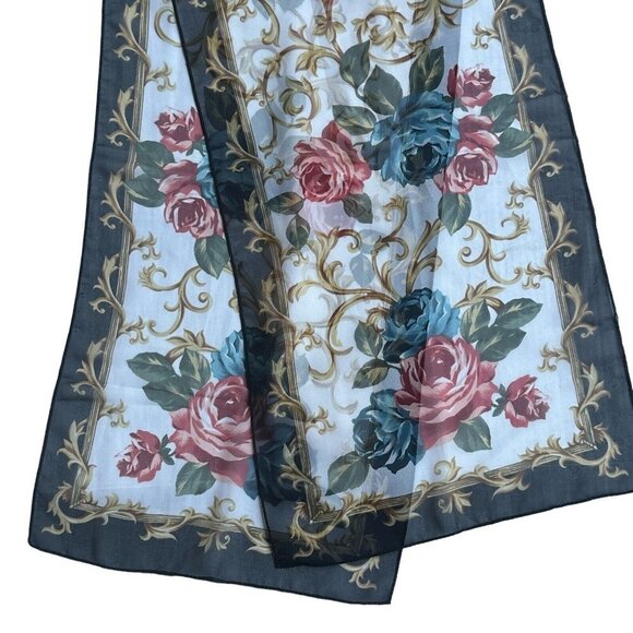 Scarves Scarf Paisley Blue Floral Roses‎ Multicolor Set Of 2 Sheer 58"x 13" - Picture 11 of 12